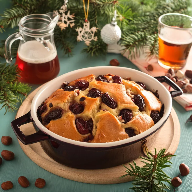 Raisin Almond Bread Pudding Infused with Choco-Cherry Mead  image